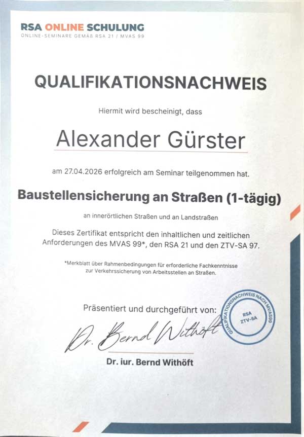 Zertifikat Baustellensicherung an Straßen